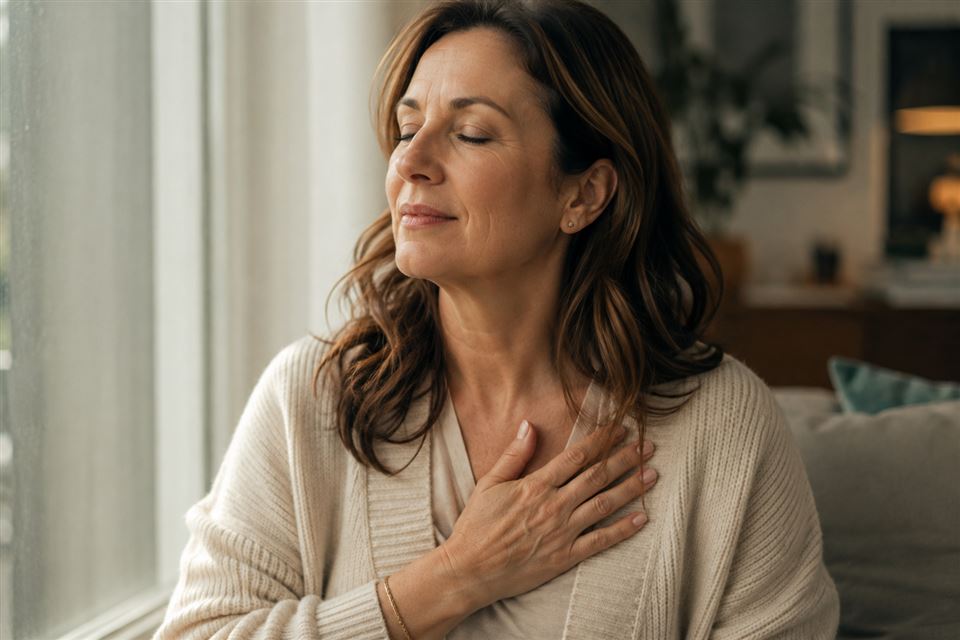Woman sitting calmly by a window with her eyes closed, one hand resting on her chest