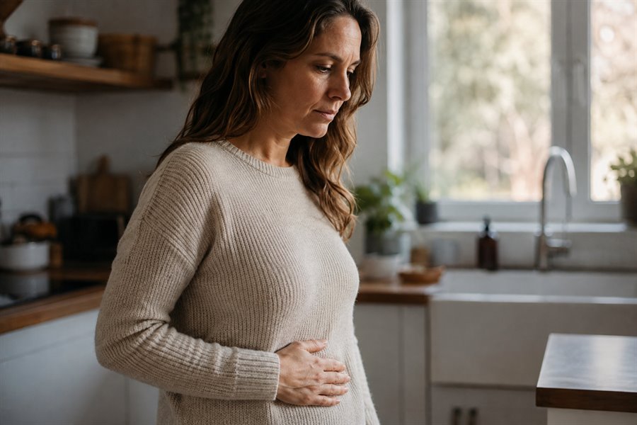 Woman sitting comfortably with one hand resting gently on her stomach