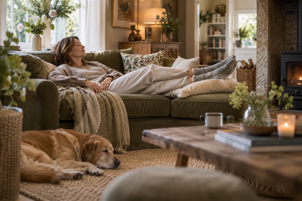 Woman resting on a sofa with her legs raised on cushions in a cozy living room