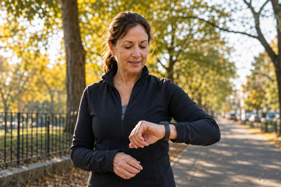 Woman checking her fitness watch during a morning walk outdoors